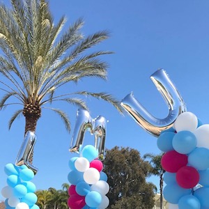 Palm tree and balloons that spell out LMU